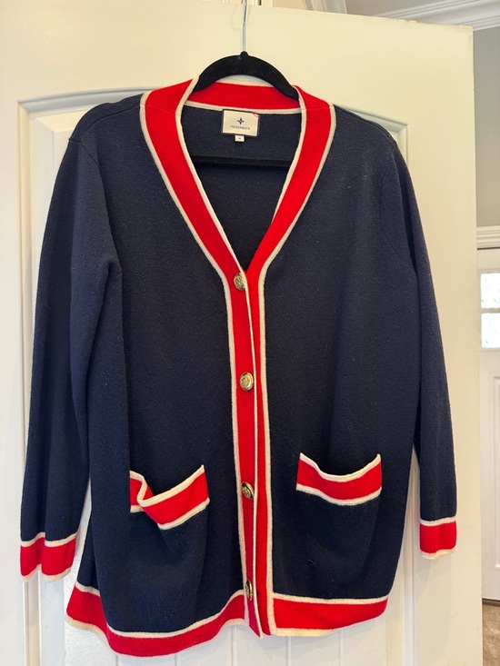 Tuckernuck Sweaters - Tuckernuck Navy Cardigan with Red and White Trim
